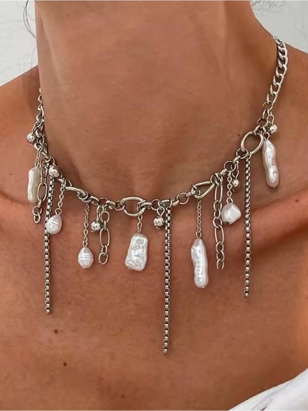 Silver tone Pearl Charm Necklace/ Chunky Statement Necklace/ Boho Coastal